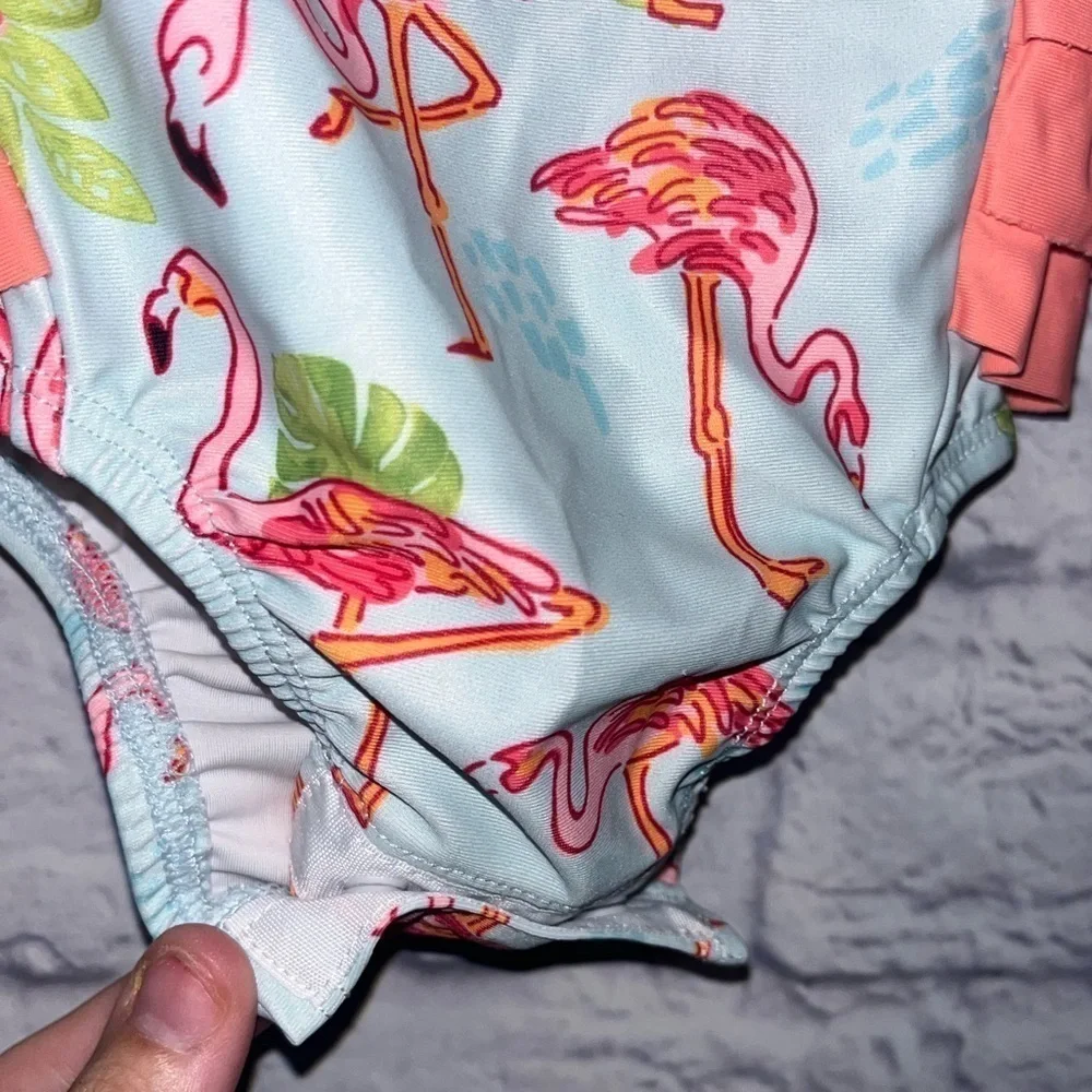 Girls Mud Pie Flamingo Rashguard Swimsuit Long sleeve Pink Ruffled back 3-6